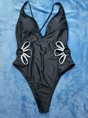 Black One-Piece Swimsuit with White Side Details